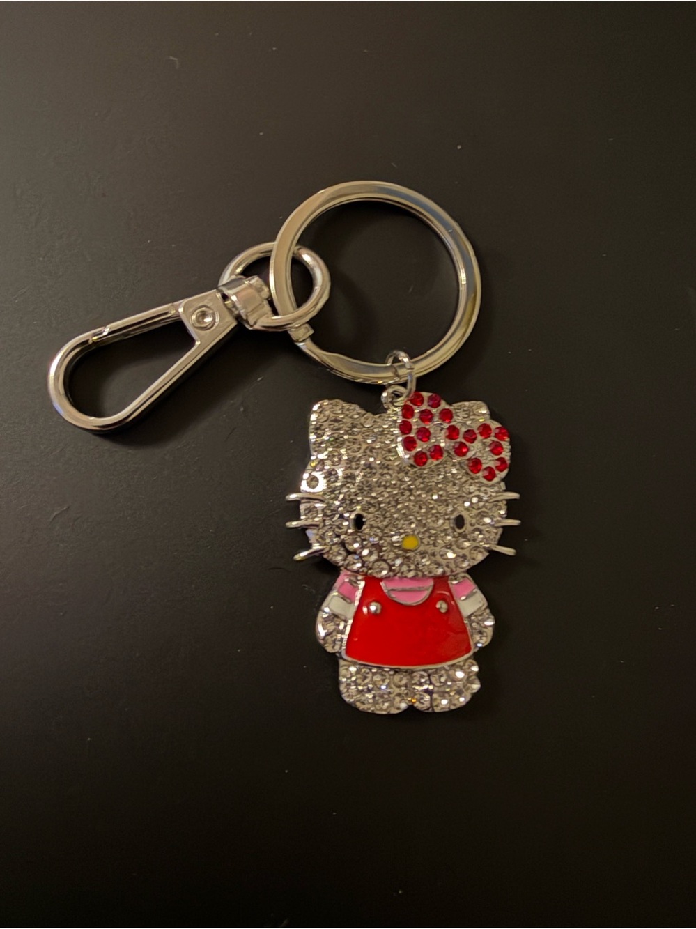 Hello Kitty Silver Crystal Keychain with Red Dress and Pink Accents